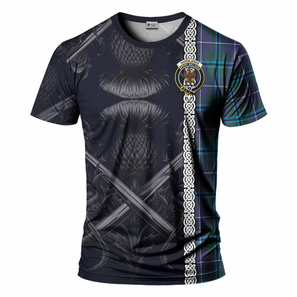 Tartan Vibes Clothing Sandilands Tartan T-Shirt with Family Crest Cross Sword Thistle Celtic Vibes