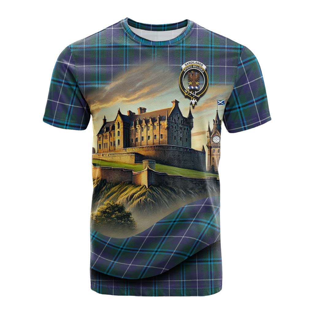 Tartan Vibes Clothing Sandilands Tartan Family Crest Cotton T-shirt with Scottish Ancient Castle Style