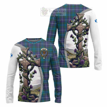 Sandilands Tartan Long Sleeve T-Shirt with Family Crest and St. Andrew's Cross Accented by Thistle Vines