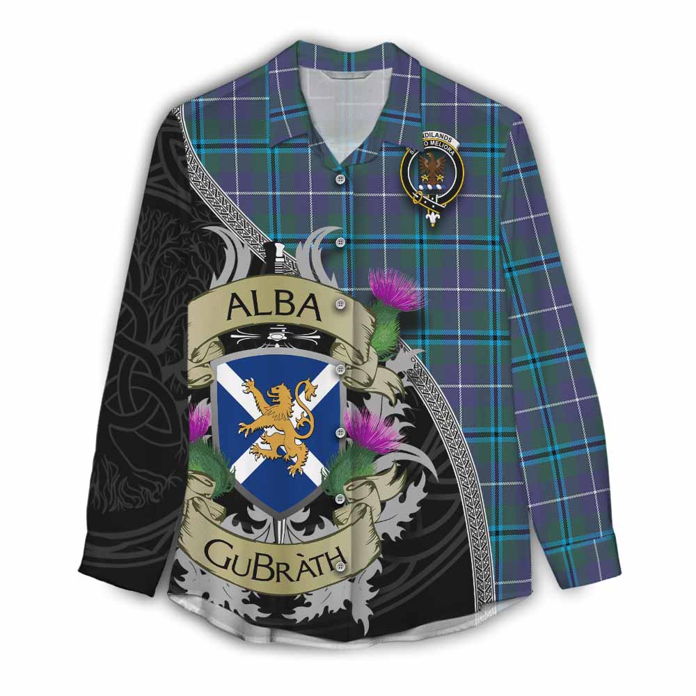 Tartan Vibes Clothing Sandilands Tartan Family Crest Women's Casual Shirt Lion Rampant Royal Thistle Shield Celtic Inspired