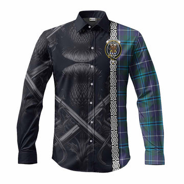 Tartan Vibes Clothing Sandilands Tartan Long Sleeve Button Shirt with Family Crest Cross Sword Thistle Celtic Vibes