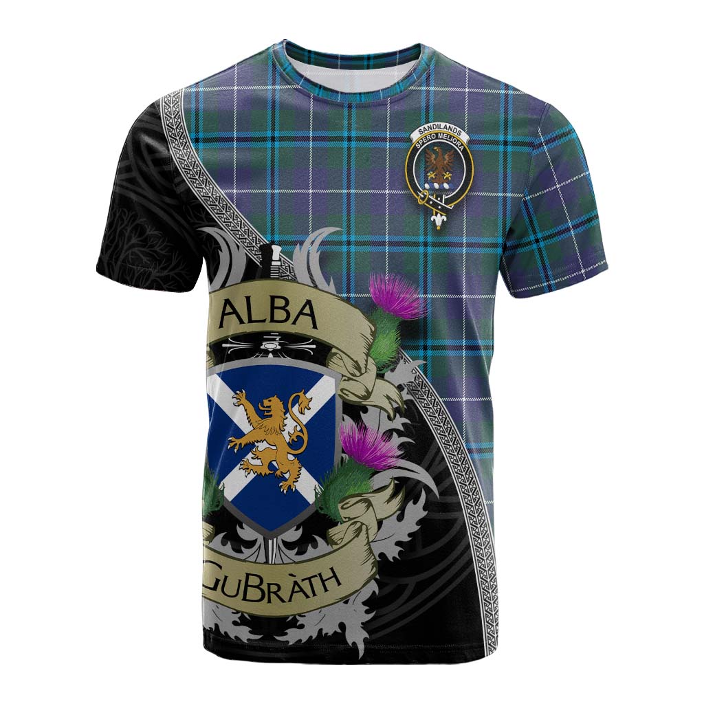 Tartan Vibes Clothing Sandilands Tartan Family Crest Cotton T-shirt Lion Rampant Royal Thistle Shield Celtic Inspired