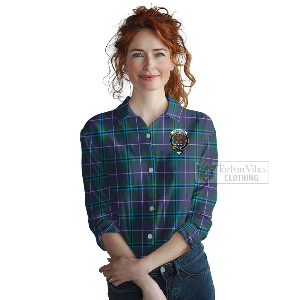Tartan Vibes Clothing Sandilands Tartan Women's Casual Shirt with Family Crest and Bearded Skull Holding Bottles of Whiskey