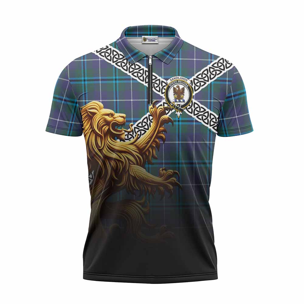 Tartan Vibes Clothing Sandilands Crest Tartan Zipper Polo Shirt with Golden Lion Emblem Celtic Style