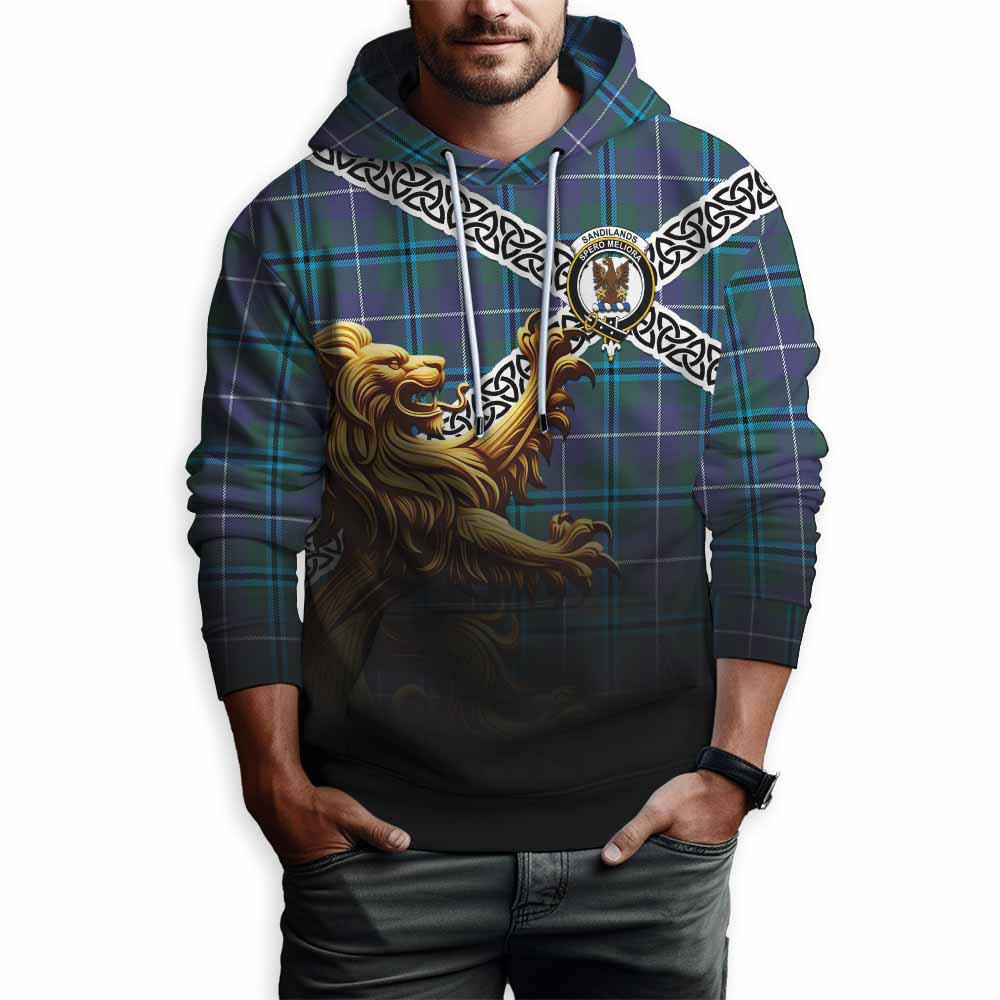 Tartan Vibes Clothing Sandilands Crest Tartan Hoodie with Golden Lion Emblem Celtic Style