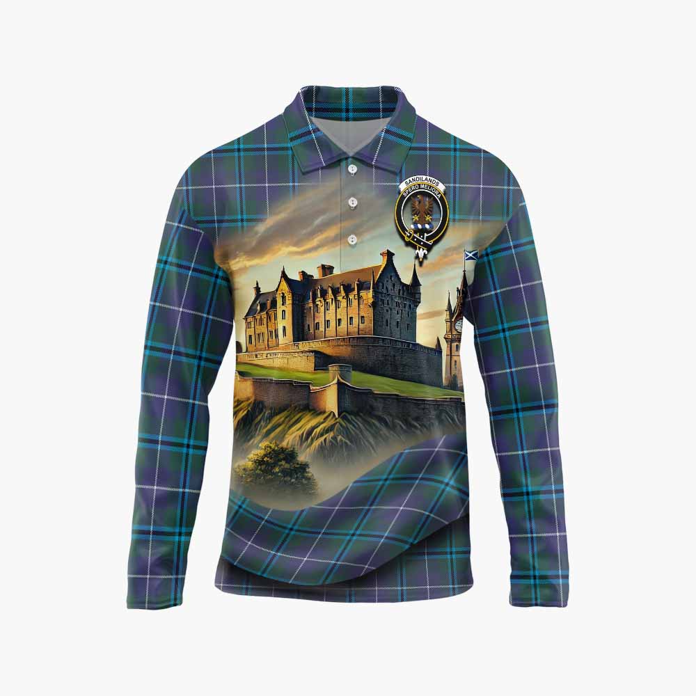 Tartan Vibes Clothing Sandilands Tartan Family Crest Long Sleeve Polo Shirt with Scottish Ancient Castle Style