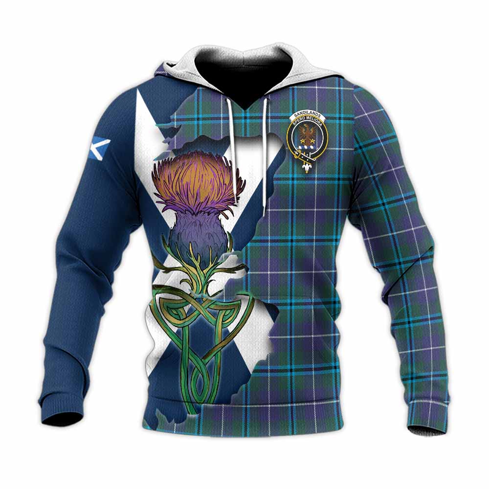 Tartan Vibes Clothing Sandilands Tartan Family Crest Knitted Hoodie Scottish Thistle Celtic Inspired