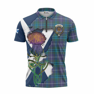 Sandilands Tartan Family Crest Zipper Polo Shirt Scottish Thistle Celtic Inspired