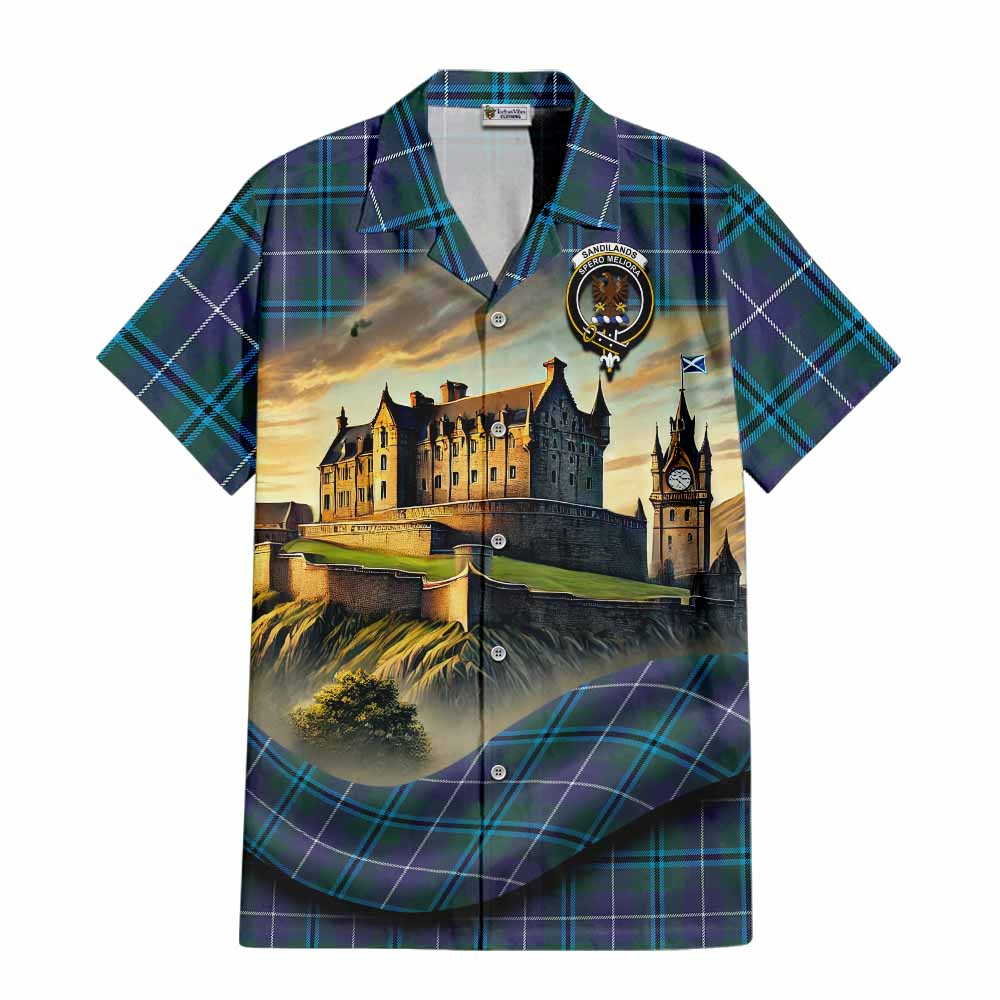 Tartan Vibes Clothing Sandilands Tartan Family Crest Short Sleeve Button Shirt with Scottish Ancient Castle Style
