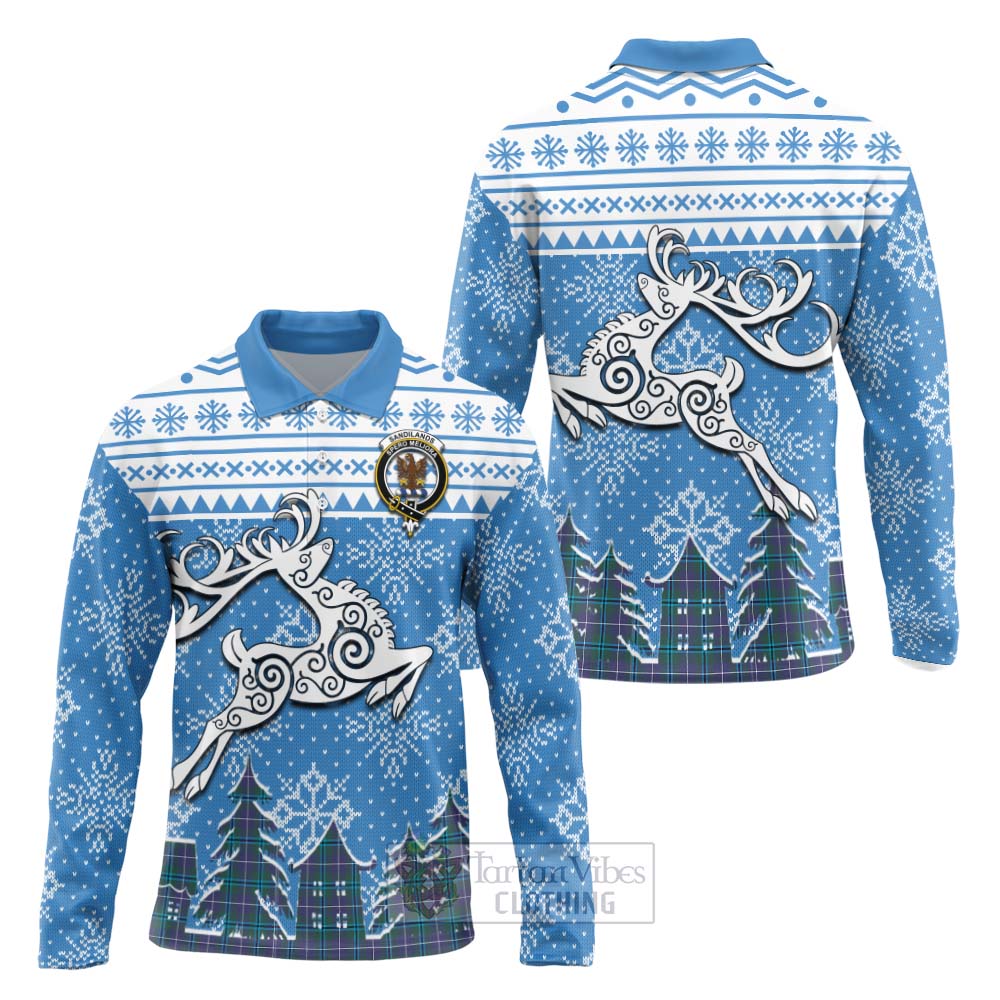 Tartan Vibes Clothing Sandilands Clan Christmas Long Sleeve Polo Shirt Celtic Reindeer Style