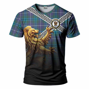 Tartan Vibes Clothing Sandilands Crest Tartan T-Shirt with Golden Lion Emblem Celtic Style