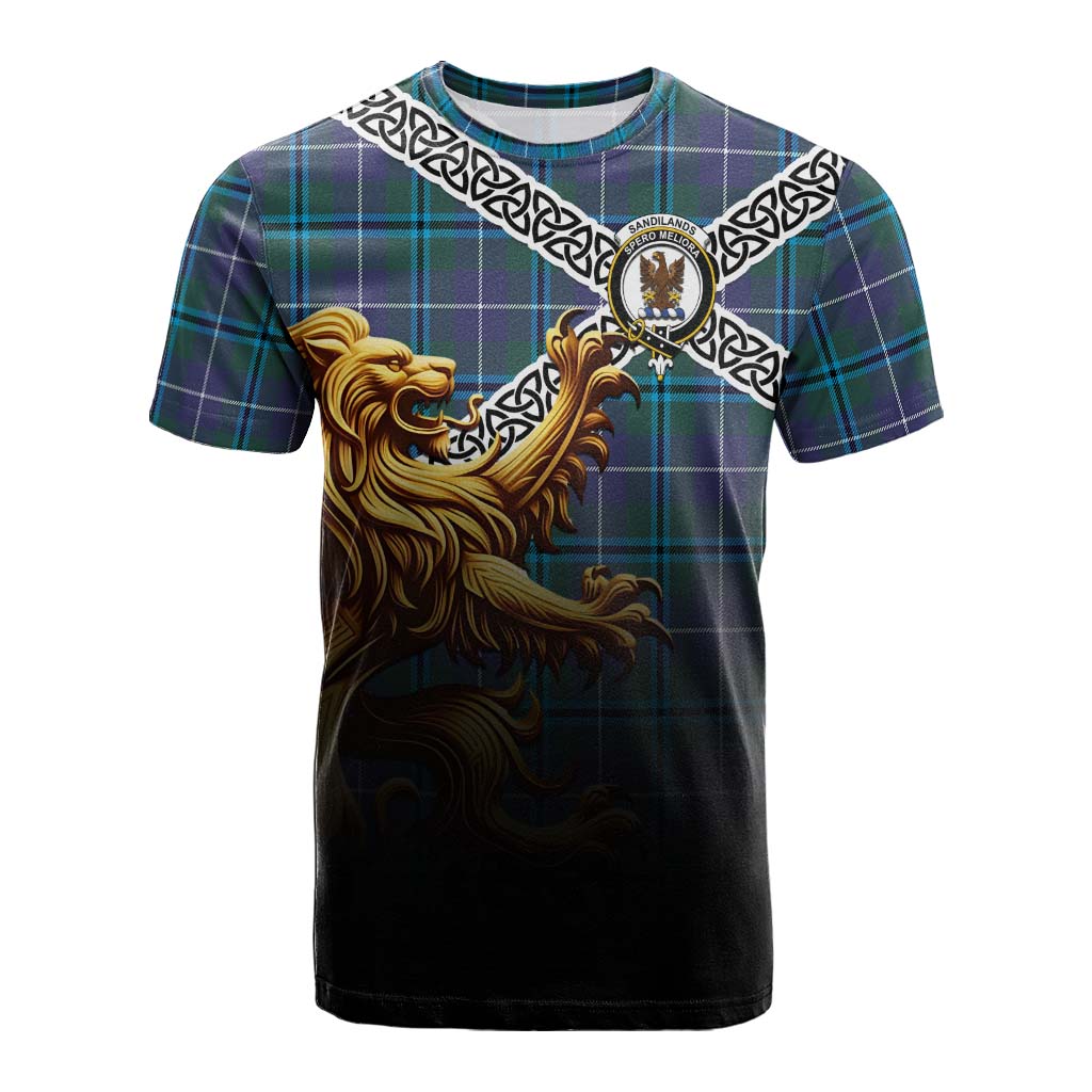Tartan Vibes Clothing Sandilands Crest Tartan Cotton T-shirt with Golden Lion Emblem Celtic Style