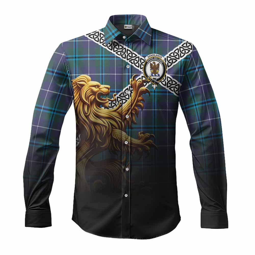 Tartan Vibes Clothing Sandilands Crest Tartan Long Sleeve Button Shirt with Golden Lion Emblem Celtic Style