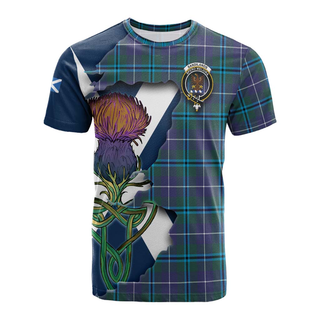 Tartan Vibes Clothing Sandilands Tartan Family Crest Cotton T-shirt Scottish Thistle Celtic Inspired