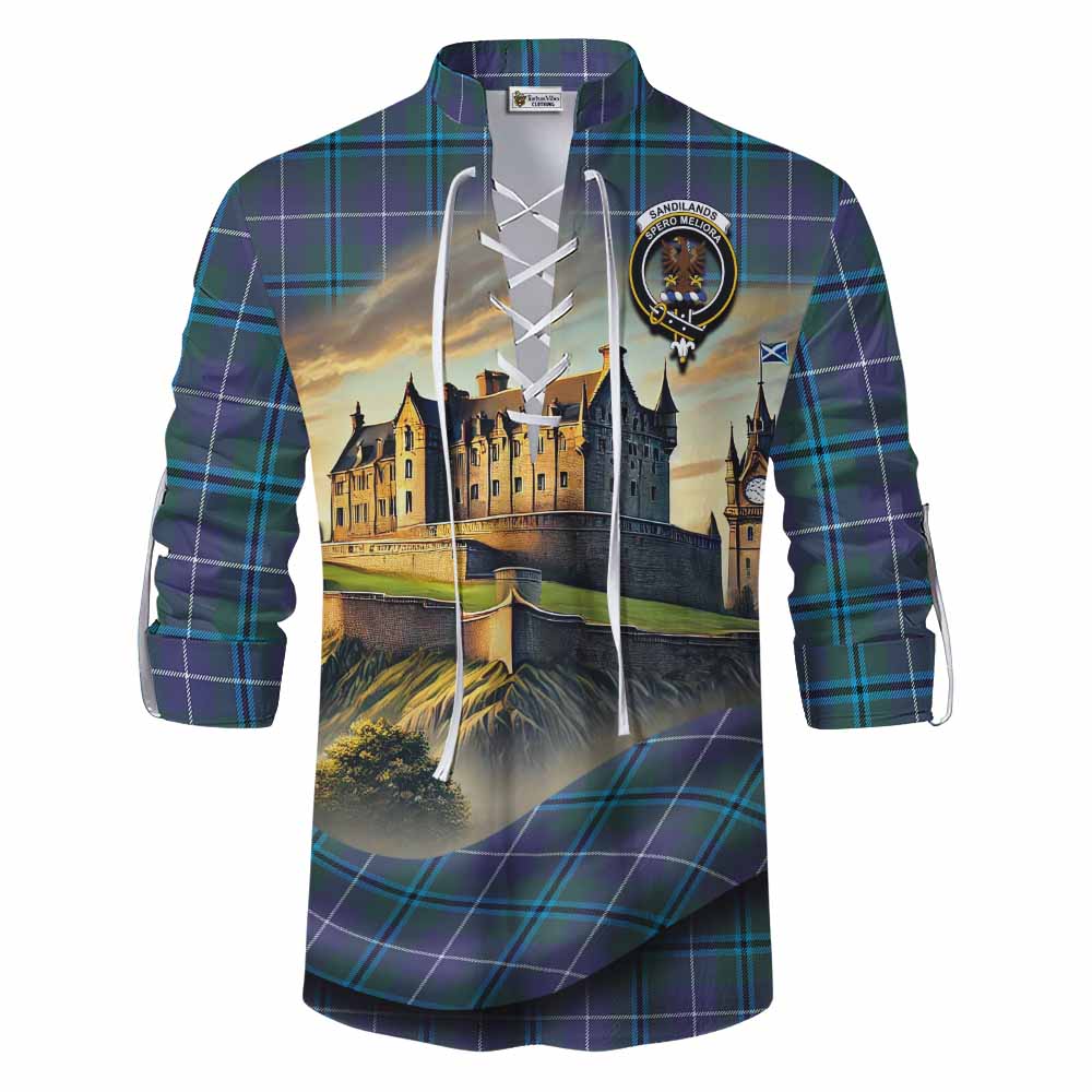 Tartan Vibes Clothing Sandilands Tartan Family Crest Ghillie Kilt Shirt with Scottish Ancient Castle Style
