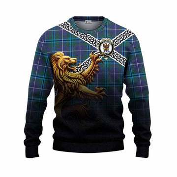 Sandilands Crest Tartan Knitted Sweater with Golden Lion Emblem Celtic Style