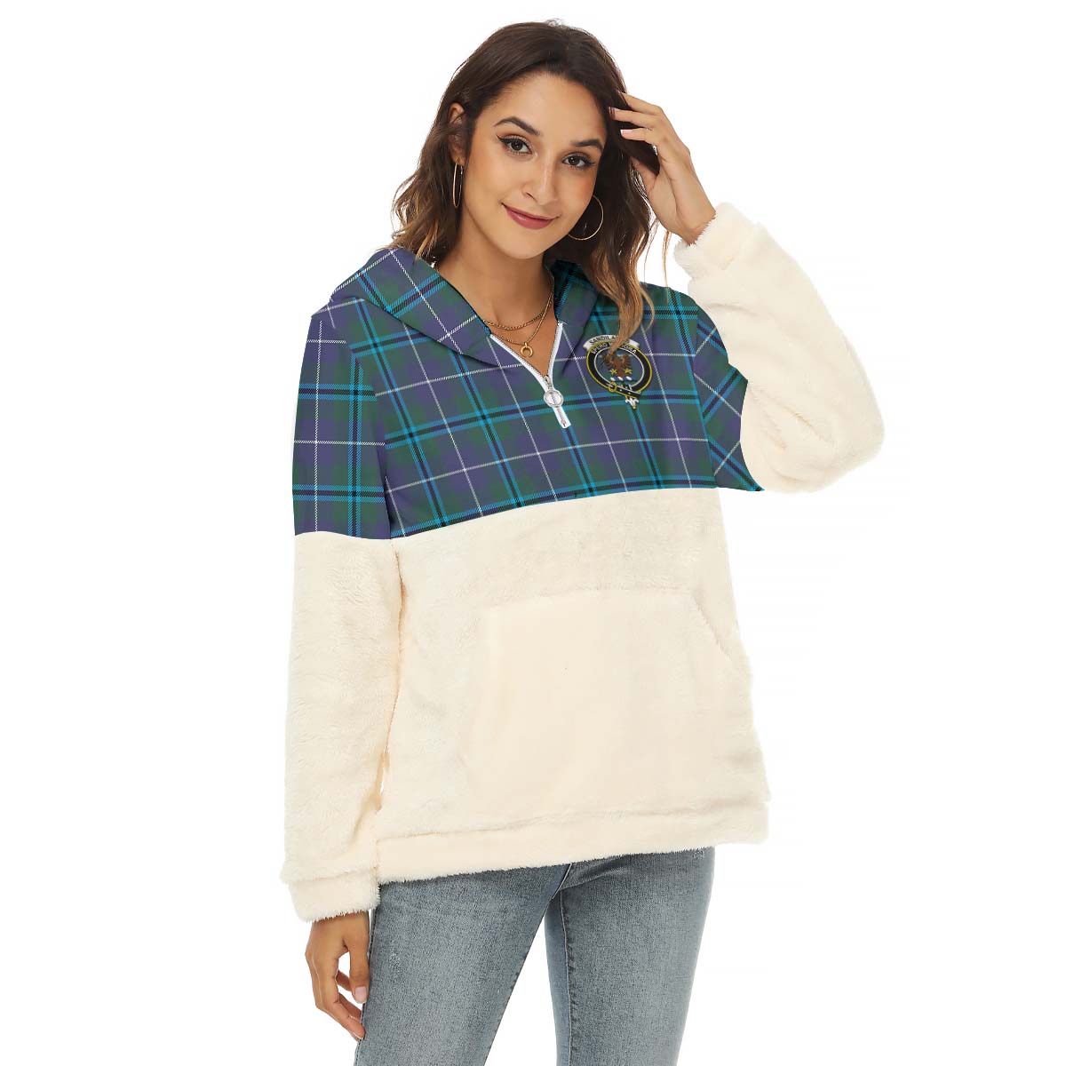 Sandilands Tartan Women's Borg Fleece Hoodie With Half Zip with Family Crest Female - Tartan Vibes Clothing