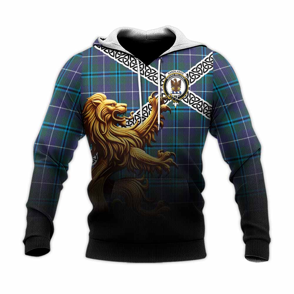 Tartan Vibes Clothing Sandilands Crest Tartan Knitted Hoodie with Golden Lion Emblem Celtic Style