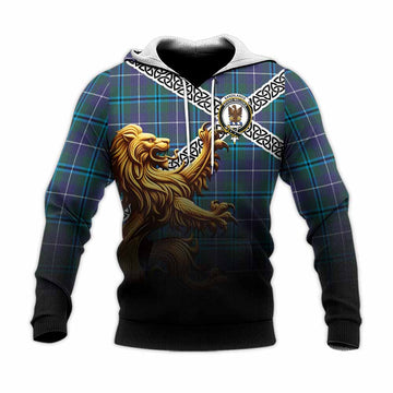 Sandilands Crest Tartan Knitted Hoodie with Golden Lion Emblem Celtic Style