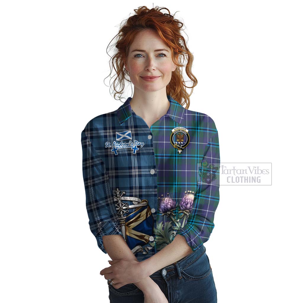 Tartan Vibes Clothing Sandilands Tartan Women's Casual Shirt Happy St. Andrew's Day Half Tartan Style
