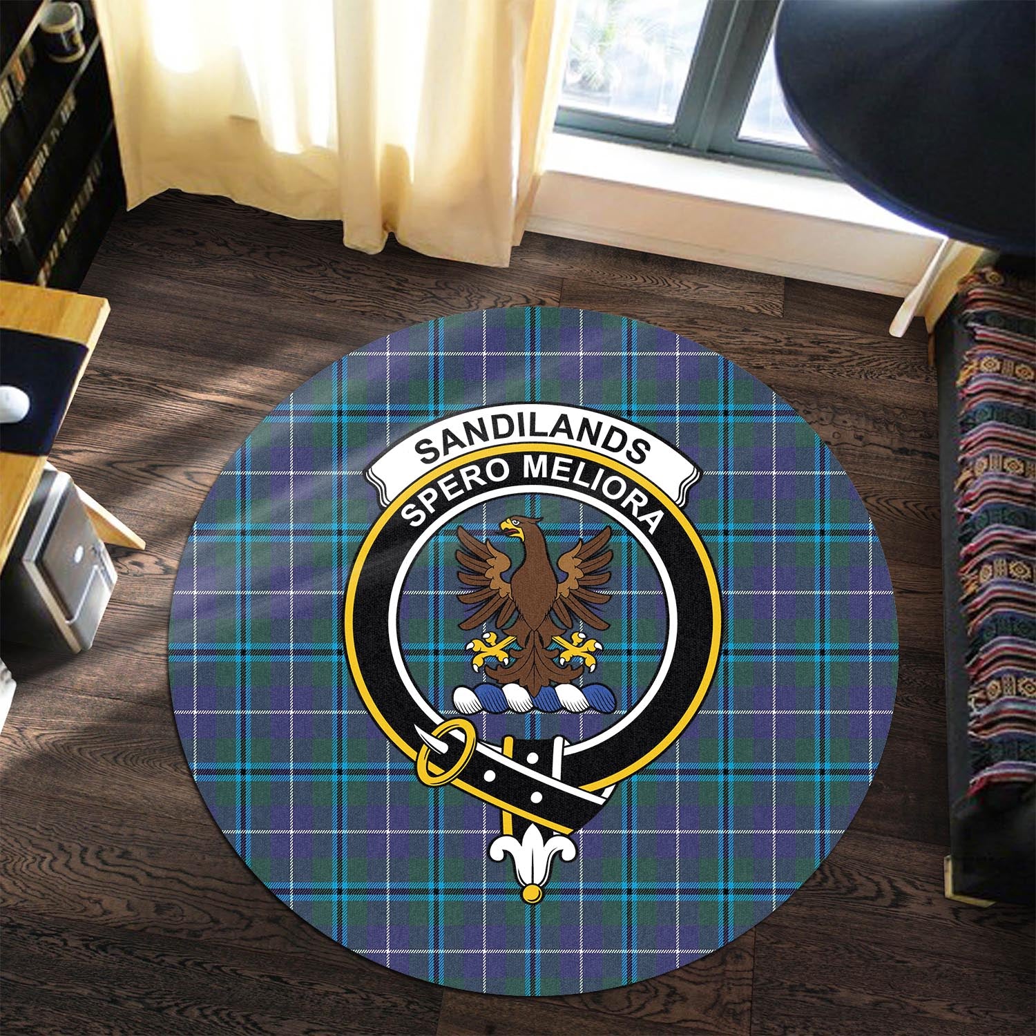 sandilands-tartan-round-rug-with-family-crest