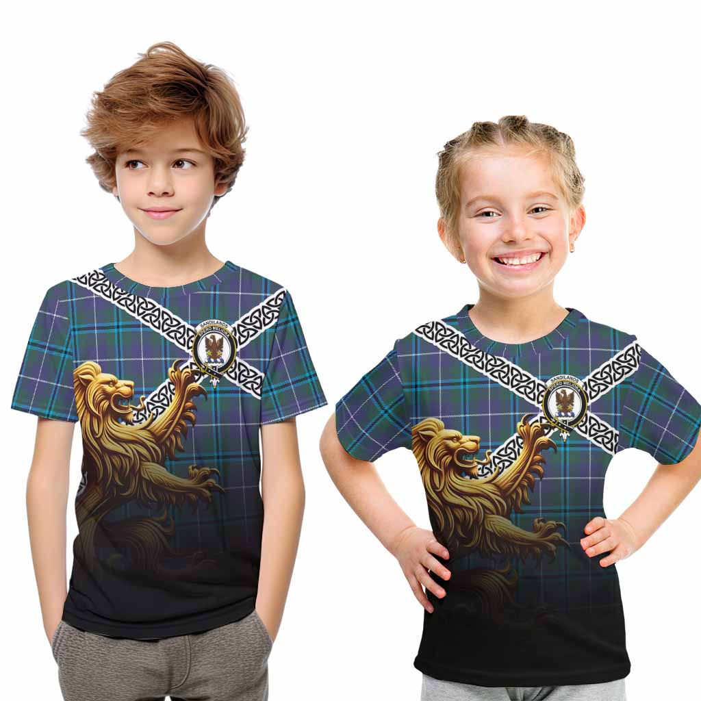 Tartan Vibes Clothing Sandilands Crest Tartan Kid T-Shirt with Golden Lion Emblem Celtic Style
