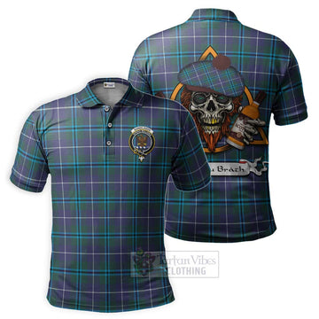 Tartan Vibes Clothing Sandilands Tartan Polo Shirt with Family Crest and Bearded Skull Holding Bottles of Whiskey