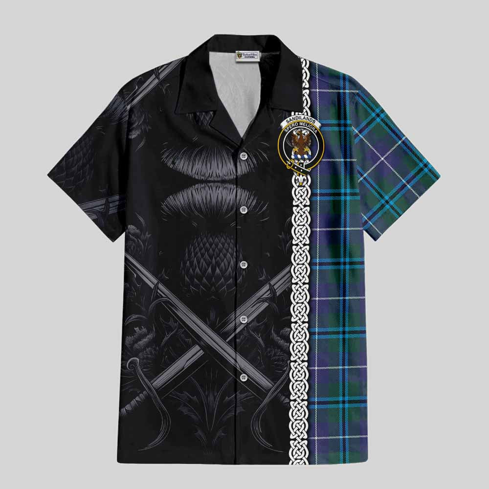 Tartan Vibes Clothing Sandilands Tartan Short Sleeve Button Shirt with Family Crest Cross Sword Thistle Celtic Vibes