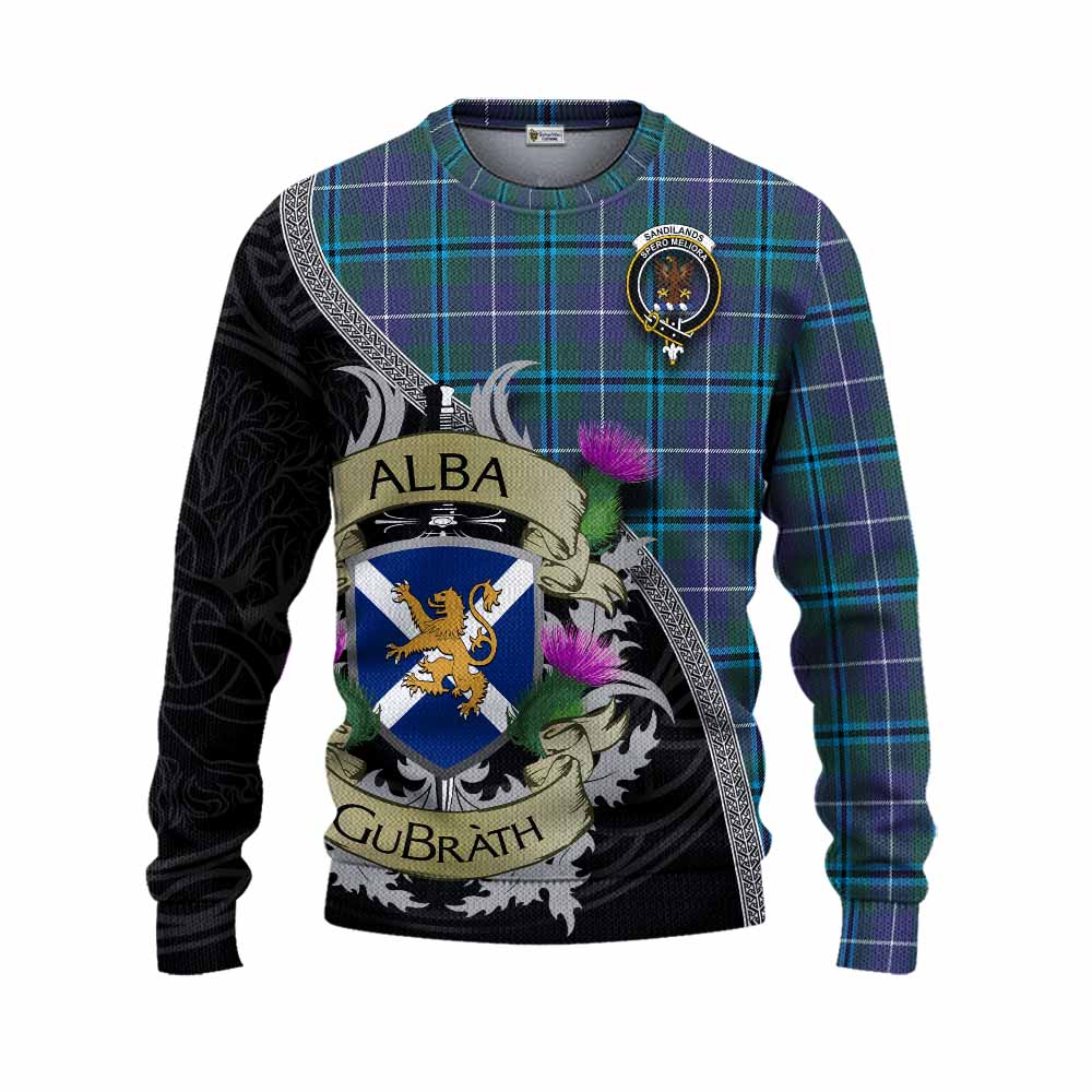Tartan Vibes Clothing Sandilands Tartan Family Crest Knitted Sweater Lion Rampant Royal Thistle Shield Celtic Inspired