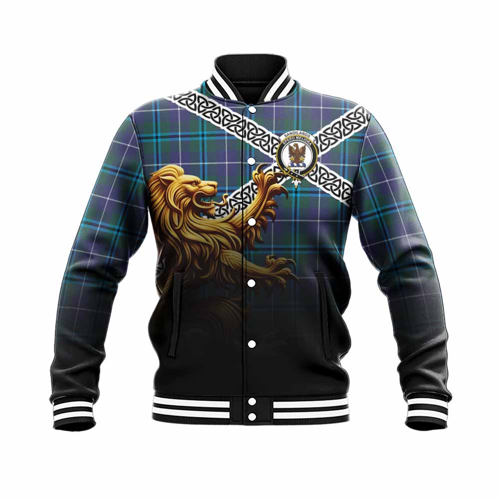 Tartan Vibes Clothing Sandilands Crest Tartan Baseball Jacket with Golden Lion Emblem Celtic Style