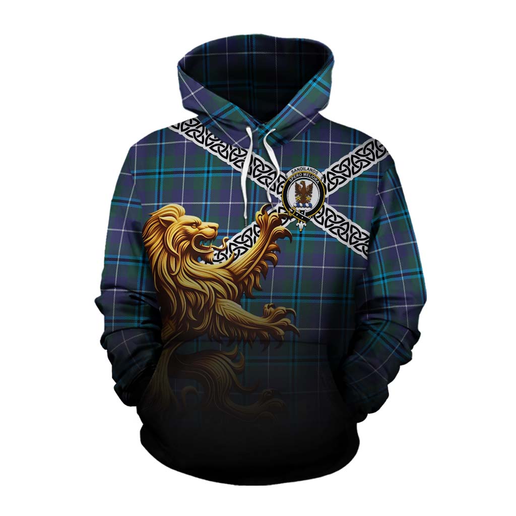 Tartan Vibes Clothing Sandilands Crest Tartan Cotton Hoodie with Golden Lion Emblem Celtic Style