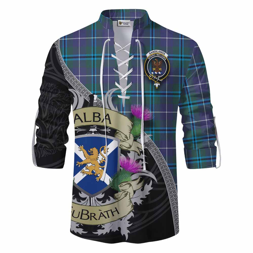 Tartan Vibes Clothing Sandilands Tartan Family Crest Ghillie Kilt Shirt Lion Rampant Royal Thistle Shield Celtic Inspired