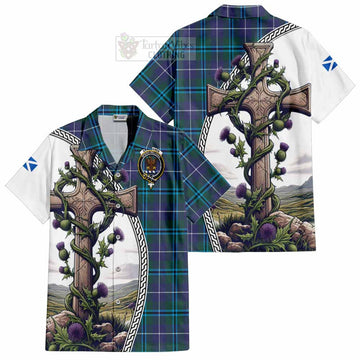 Tartan Vibes Clothing Sandilands Tartan Short Sleeve Button Shirt with Family Crest and St. Andrew's Cross Accented by Thistle Vines