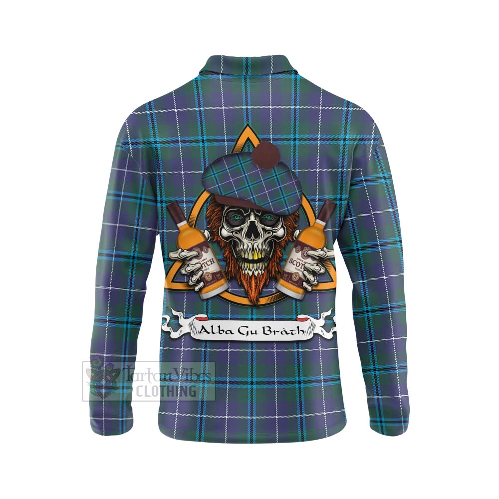 Tartan Vibes Clothing Sandilands Tartan Long Sleeve Polo Shirt with Family Crest and Bearded Skull Holding Bottles of Whiskey