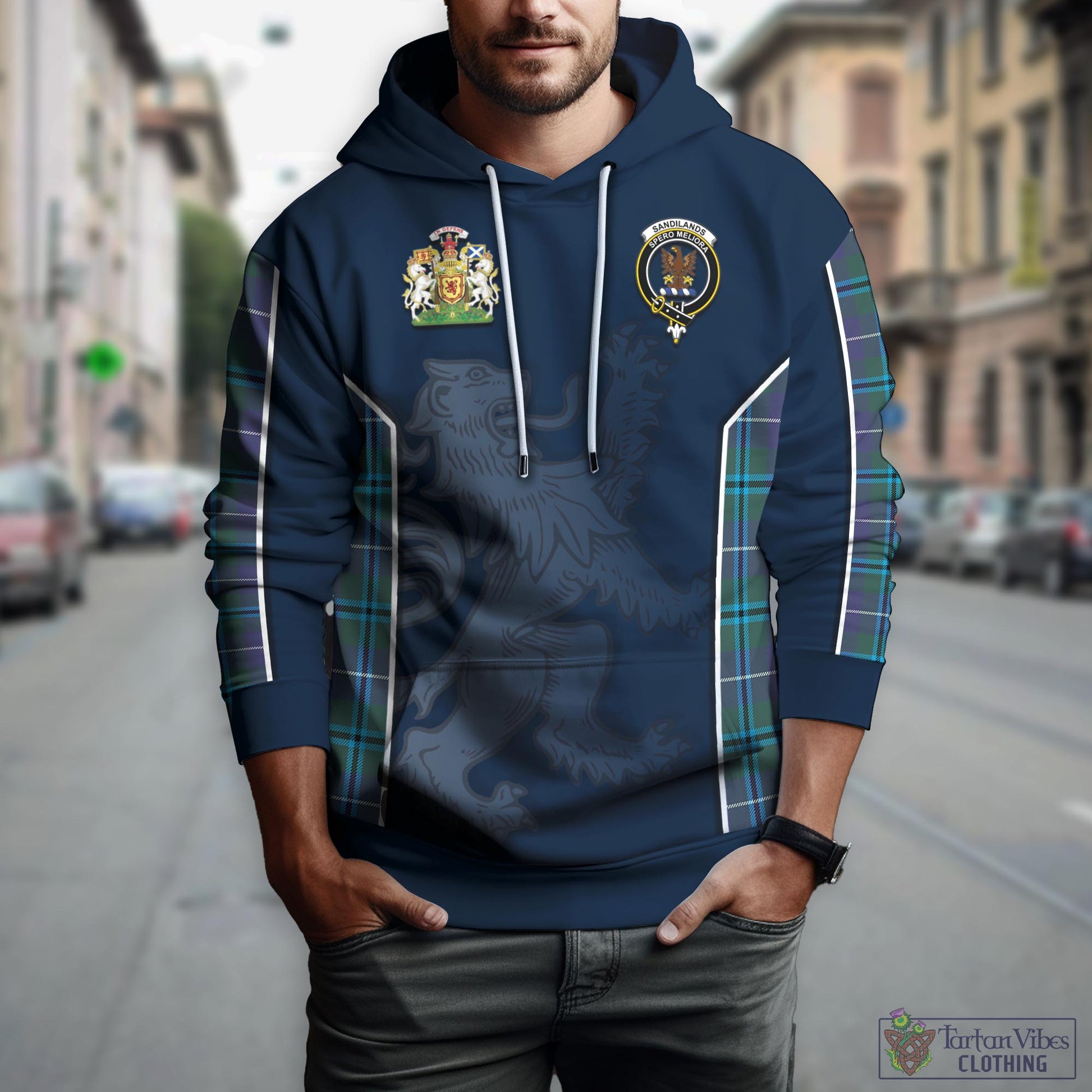 Tartan Vibes Clothing Sandilands Tartan Hoodie with Family Crest and Lion Rampant Vibes Sport Style