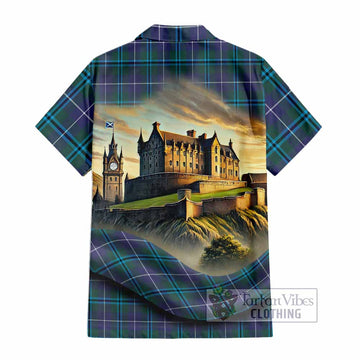 Tartan Vibes Clothing Sandilands Tartan Family Crest Short Sleeve Button Shirt with Scottish Ancient Castle Style