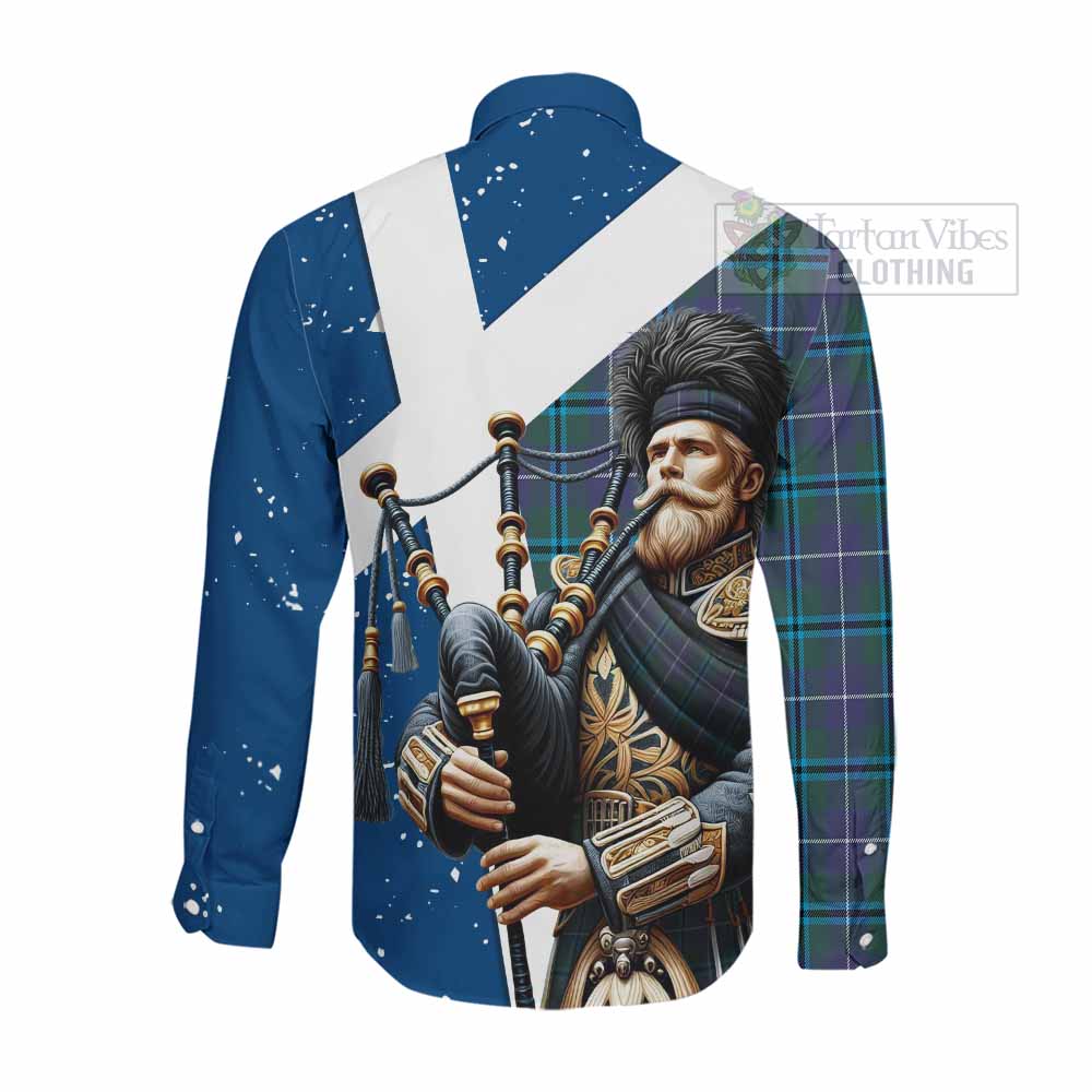 Tartan Vibes Clothing Sandilands Tartan Long Sleeve Button Shirt with Family Crest Scottish Bagpiper Vibes