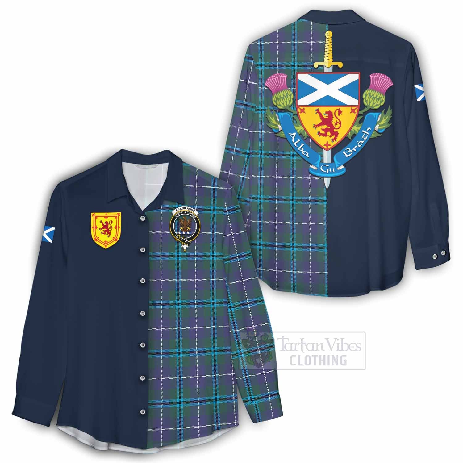Tartan Vibes Clothing Sandilands Tartan Women's Casual Shirt Alba with Scottish Lion Royal Arm Half Style