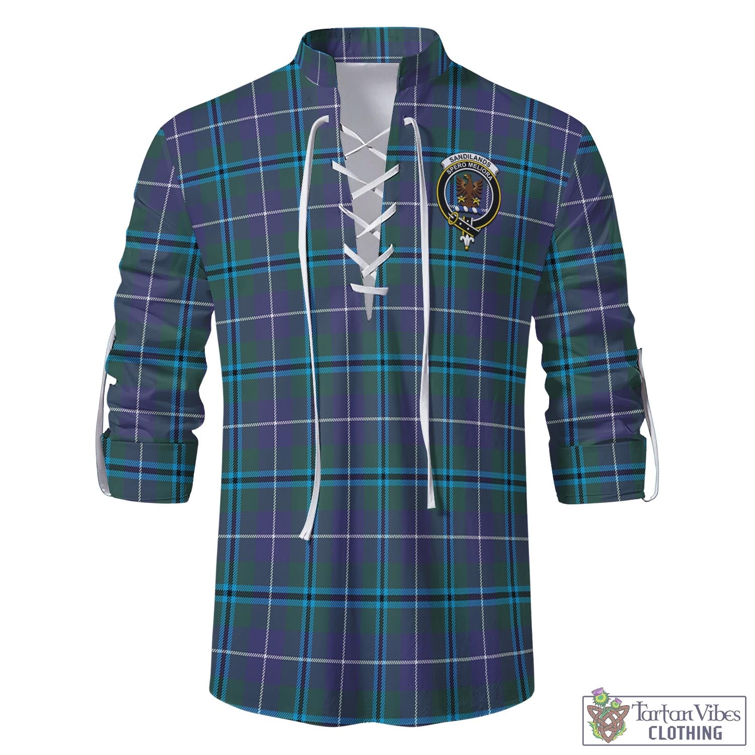 Tartan Vibes Clothing Sandilands Tartan Men's Scottish Traditional Jacobite Ghillie Kilt Shirt with Family Crest