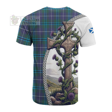 Sandilands Tartan Cotton T-shirt with Family Crest and St. Andrew's Cross Accented by Thistle Vines