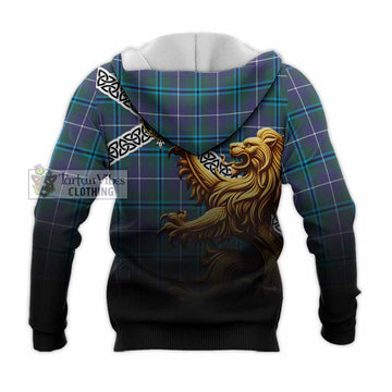Sandilands Crest Tartan Knitted Hoodie with Golden Lion Emblem Celtic Style