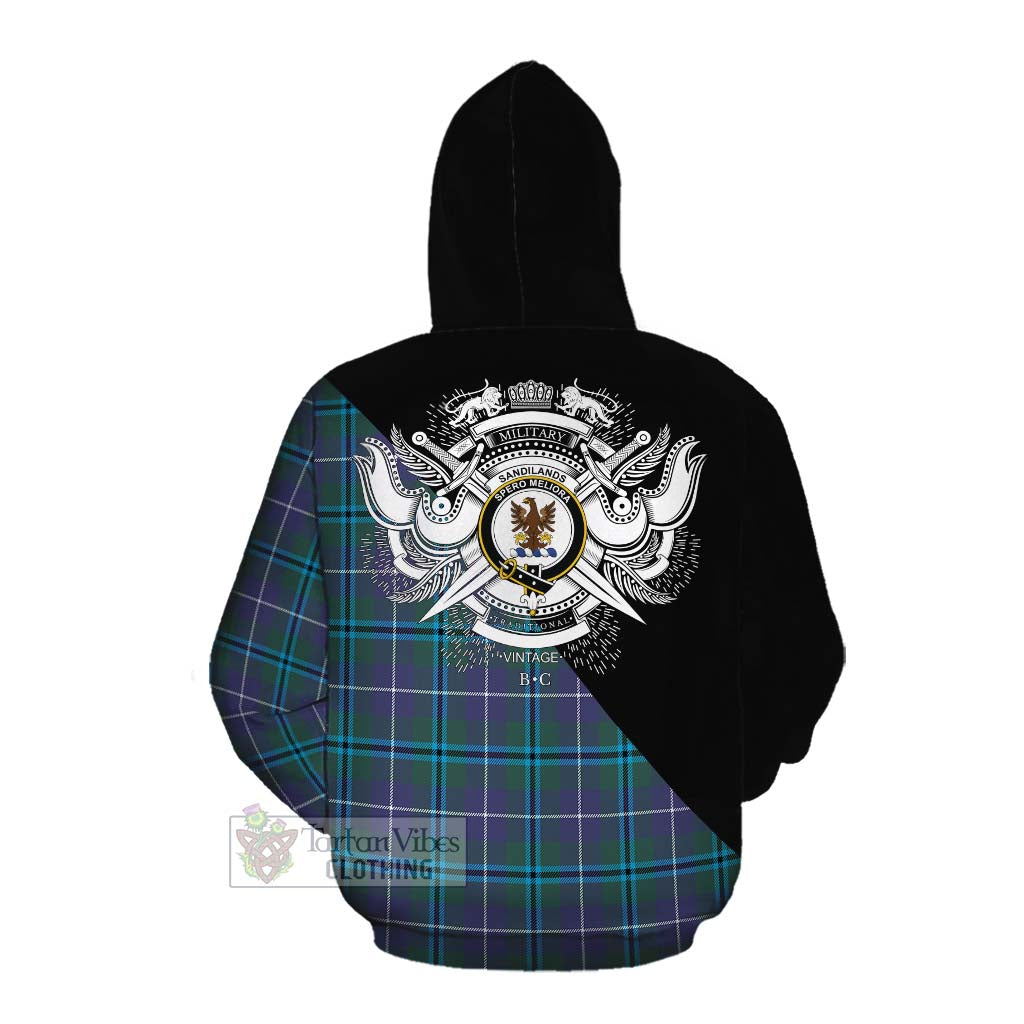 Tartan Vibes Clothing Sandilands Tartan Cotton Hoodie with Family Crest and Military Logo Style