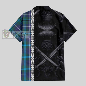 Tartan Vibes Clothing Sandilands Tartan Short Sleeve Button Shirt with Family Crest Cross Sword Thistle Celtic Vibes