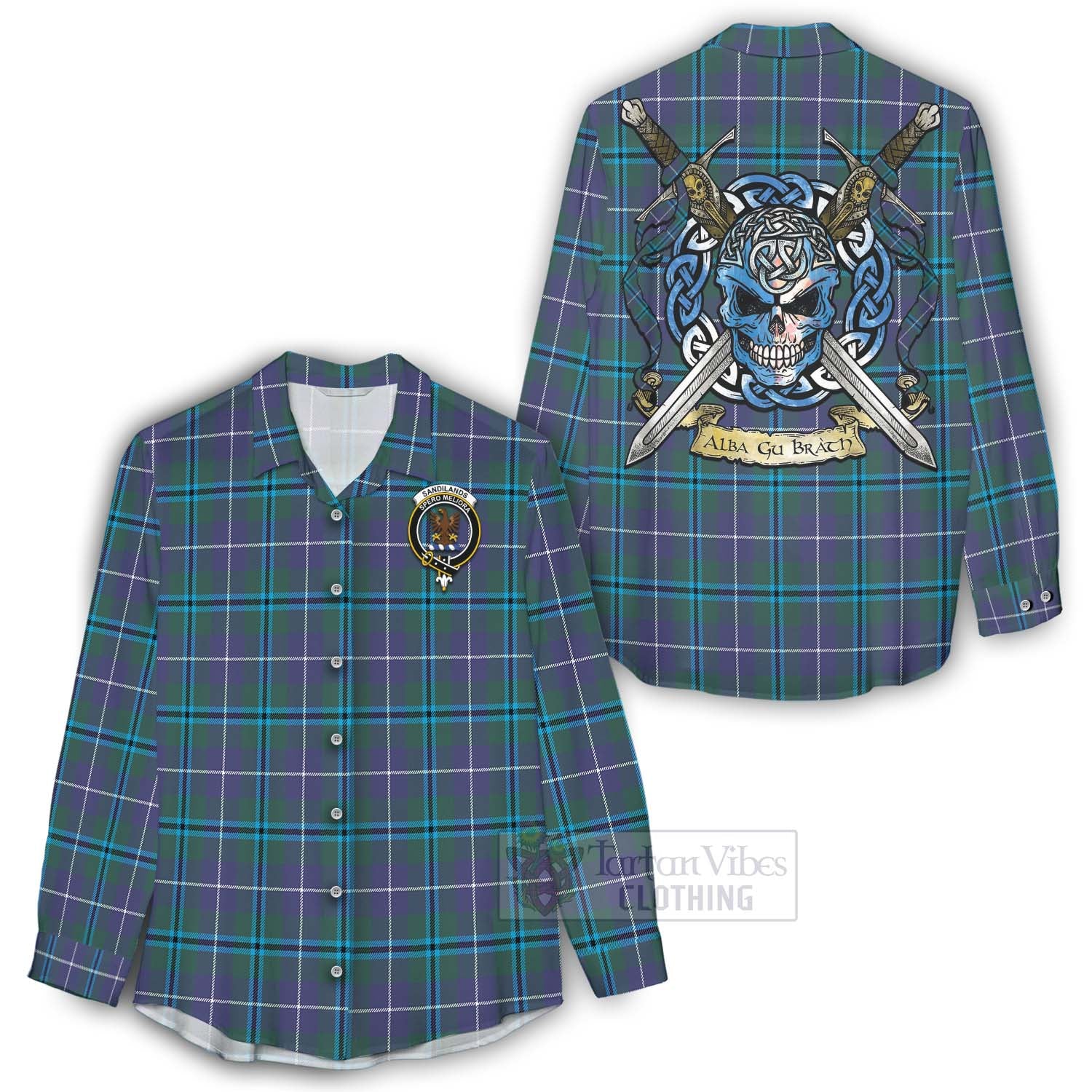 Tartan Vibes Clothing Sandilands Tartan Women's Casual Shirt with Family Crest Celtic Skull Style