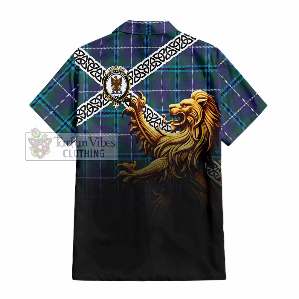 Tartan Vibes Clothing Sandilands Crest Tartan Short Sleeve Button Shirt with Golden Lion Emblem Celtic Style