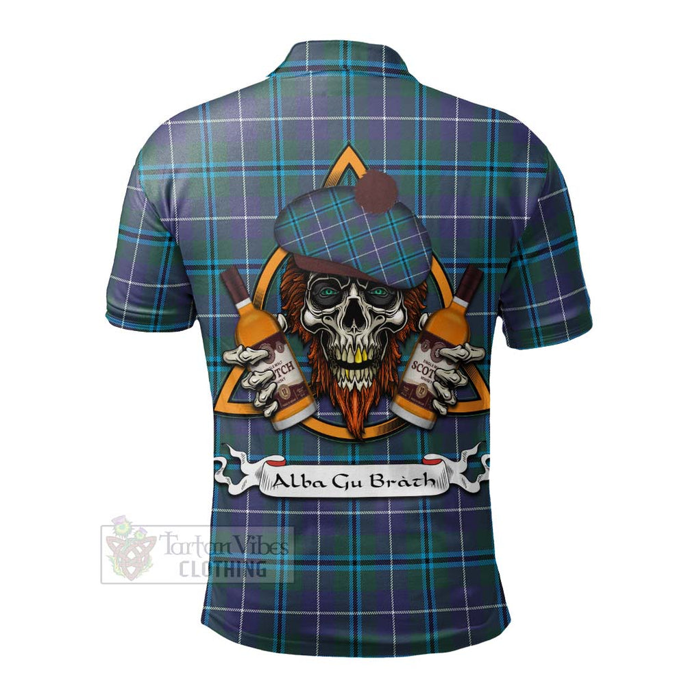 Tartan Vibes Clothing Sandilands Tartan Polo Shirt with Family Crest and Bearded Skull Holding Bottles of Whiskey