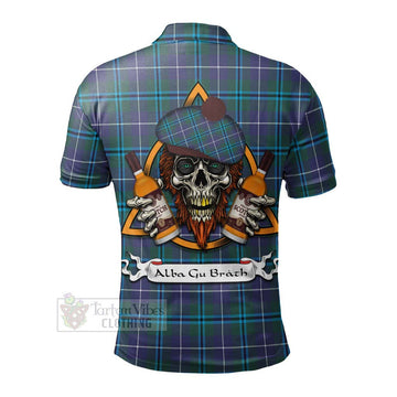 Tartan Vibes Clothing Sandilands Tartan Polo Shirt with Family Crest and Bearded Skull Holding Bottles of Whiskey