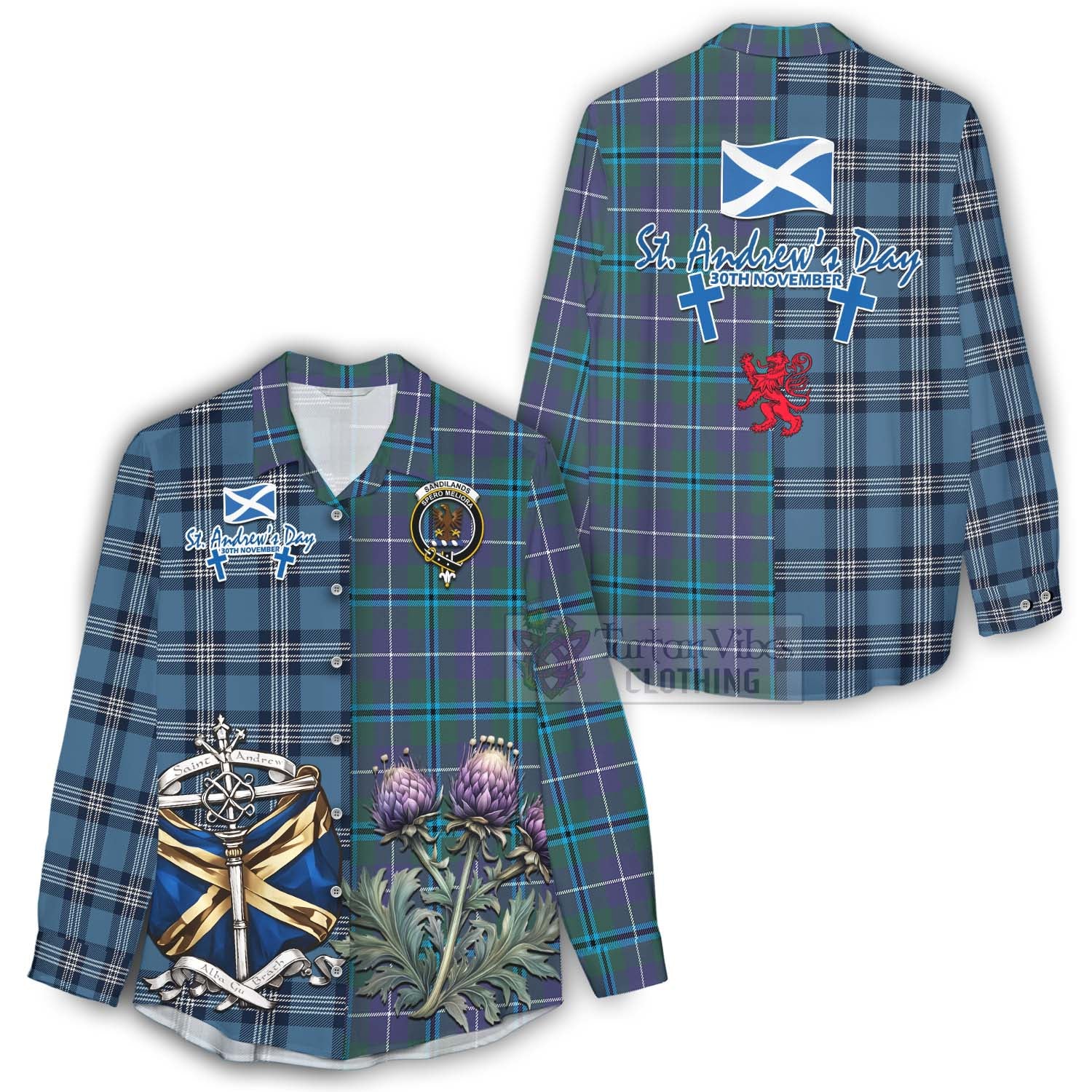 Tartan Vibes Clothing Sandilands Tartan Women's Casual Shirt Happy St. Andrew's Day Half Tartan Style