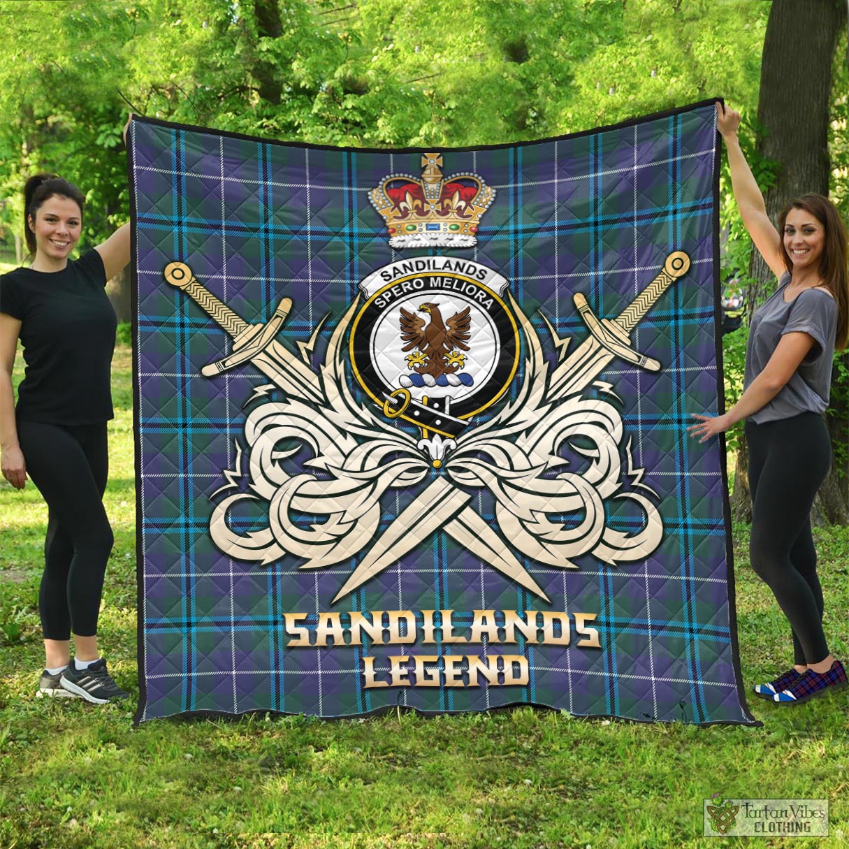 Tartan Vibes Clothing Sandilands Tartan Quilt with Clan Crest and the Golden Sword of Courageous Legacy