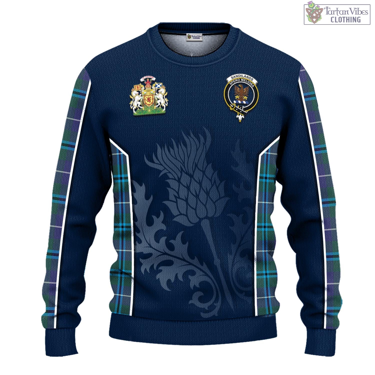 Tartan Vibes Clothing Sandilands Tartan Knitted Sweatshirt with Family Crest and Scottish Thistle Vibes Sport Style